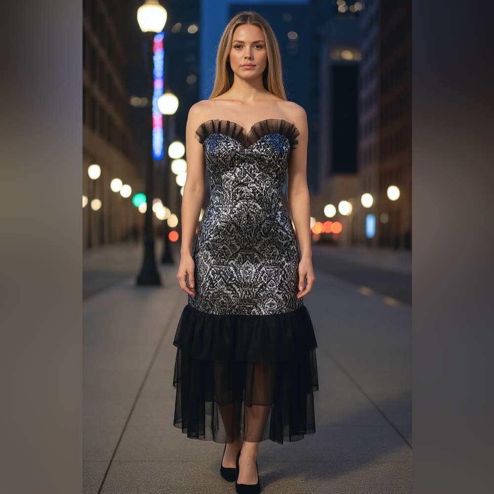 Strapless Black & Silver Damask Ruffled Hem Cocktail Dress Vintage Prom HOCO